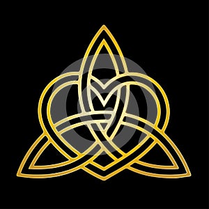 Holy Trinity Knot, Celtic Heart, Triquetra, gold symbol of love isolated on black background.