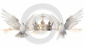 Holy trinity, symbol by crown, cross, and dove, depicted in watercolor artwork, reflecting essence of God and religion. Concept of