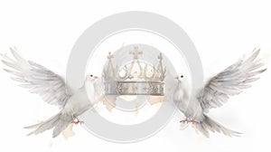 Holy trinity, symbol by crown, cross, and dove, depicted in watercolor artwork, reflecting essence of God and religion. Concept of