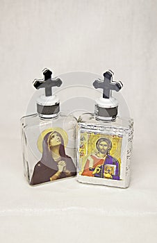 Holy water bottle, Virgin Mother Mary and Jesus Christ icons