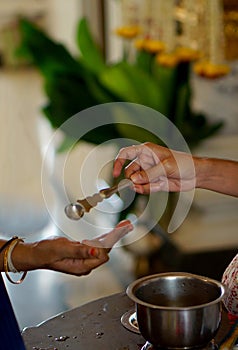 Holy water or coconut water in a vessel given to devotees by priest in a hindu temple