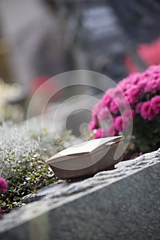 Holy water in iron bowl, cemetery, flowers