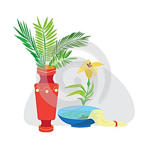 Holy week and palm Sunday background, green branch in vase and flowers vector illustration