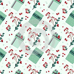 Holyday seamless pattern with winter plants and Christmas gift boxes.