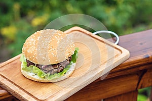 Homamade beef or pork hamburger with vegetable on chopping board in garden, food photoraphy