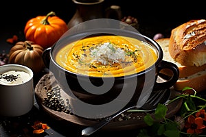 Homamade Pumpkin soup dark background