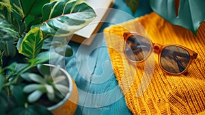 Home accessories set on blue wooden background. Knitted yellow plaid, book, glasses and indoor plants. Home vacation