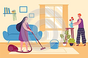 Home activities. Woman vacuuming carpet, doing household chores. Character taking care of plants and flowers