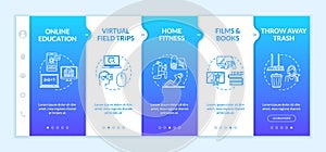 Home activity onboarding vector template. Entertainments, fitness, virtual trips and online education. Responsive mobile