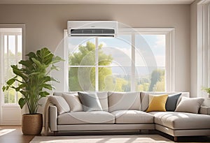 Home air conditioner installed in a room with a sofa and a view from the window, the concept of a pleasant atmosphere