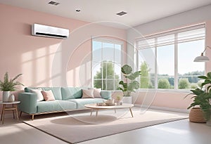 Home air conditioner installed in a room with a sofa and a view from the window, the concept of a pleasant atmosphere