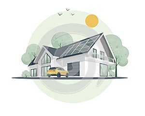 Home alternative electryciti. Illustration of a modern house. Solar panels on the roof country house and wind turbines