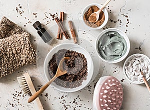 Home anti-cellulite products - coffee scrub, cosmetic clay, essential orange oil, hand anti-cellulite massager, nut scrub, photo