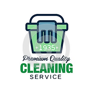 Home and apartment cleaning service logo in linear style. Green bucket with blue rag icon. Flat vector design for flyer