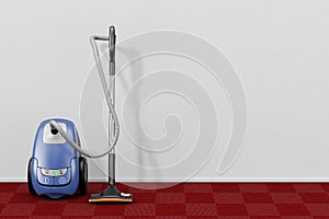 Home Appliance Concept. Modern Vacuum Cleaner in Empty Living Room with Red Carpet. 3d Rendering