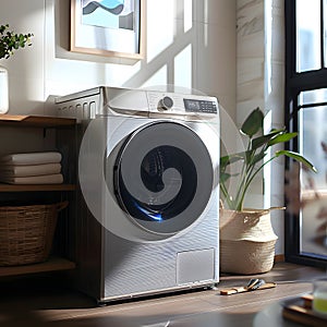 Home appliance, gaspowered washing machine by a window in laundry room