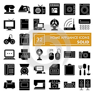 Home appliance glyph icon set, household symbols collection, vector sketches, logo illustrations, electrical appliances