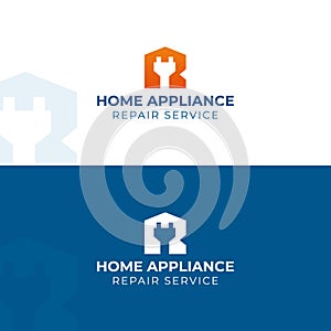 Home appliance repair logo. Vector logotype template. Electric plug in R letter with house silhouette