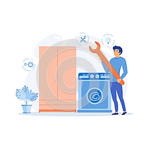 Home appliance repair technician service with washing machine, refrigerator elements.