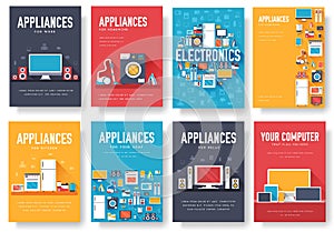 Home appliances cards set. Electronics template of flyear, magazines, posters, book cover, banners. Devices infographic concept