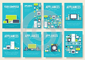 Home appliances cards set. Electronics template of flyear, magazines, posters, book cover, banners. Devices infographic concept