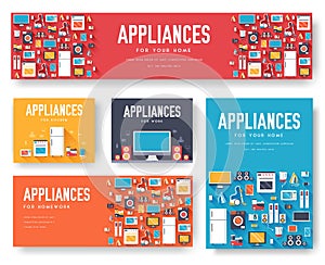 Home appliances cards set. Electronics template of flyear, magazines, posters, book cover, banners. Devices infographic concept