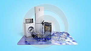 Home appliances on credit card E-commerce or online shopping concept 3d render on blue gradient photo