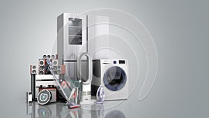 Home appliances  E commerce or online shopping concept 3d render on grey gradient