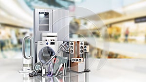 Home appliances  E commerce or online shopping concept 3d render sale background