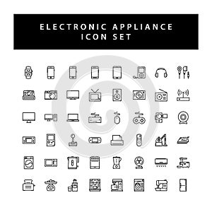 Home appliances electronic icon set with black color outline style design