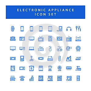 Home appliances electronic icon set with filled outline style design