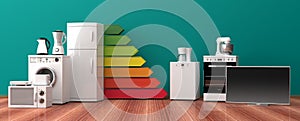 Home appliances and energy efficiency rating. 3d illustration