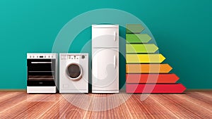 Home appliances and energy efficiency rating. 3d illustration photo