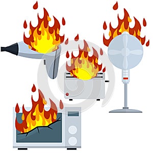 Home appliances on fire. Broken toaster