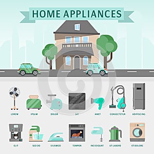 Home appliances flat illustration vector concept. Modern technology house with electric equipment. Domestic appliance