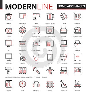 Home appliances flat line icon vector illustration set for house cleaning, kitchen or bathroom household items, hair