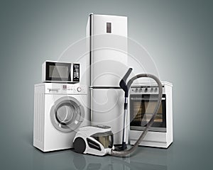 Home appliances Group of white refrigerator washing machine stove microwave oven vacuum cleaner on grey gradientr background 3d