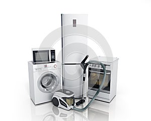 Home appliances Group of white refrigerator washing machine stove microwave oven vacuum cleaner isolated on white background 3d