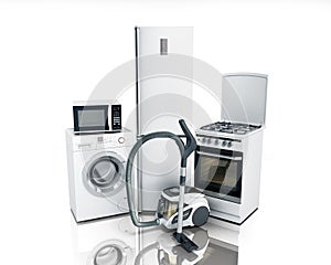 Home appliances Group of white refrigerator washing machine stove microwave oven vacuum cleaner isolated on white background 3d