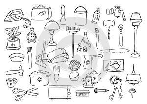 Home appliances hand drawing set various household equipment and items