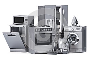 Home appliances. Household kitchen technics isolated on white background. Fridge, dishwasher, gas cooker, microwave oven, washing