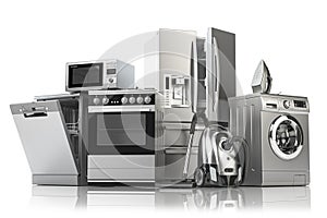 Home appliances. Household kitchen technics isolated on white background. Fridge, dishwasher, gas cooker, microwave oven, washing