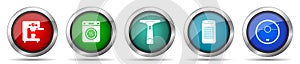 Home appliances icon set, miscellaneous icons such as coffe maker, dryer, window cleaner and vacuum cleaner, silver metallic,