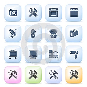 Home appliances icons on color buttons.