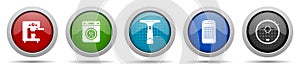 Home appliances icons, miscellaneous buttons such as coffe maker, dryer, window cleaner and vacuum cleaner, circle glossy web icon