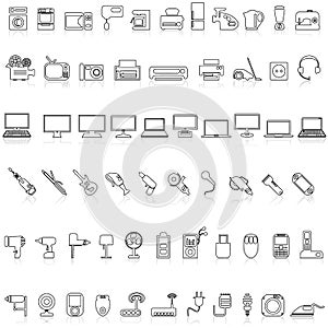 Home appliances line icons. Household electric devices, kitchen equipment and smart utensils.