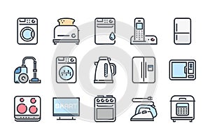 Home appliances related color line icon set.