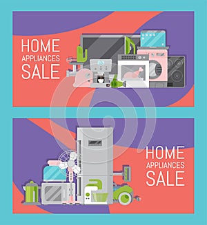 Home appliances sale banners flat illustration vector. Modern technology house machine equipment. Domestic appliance
