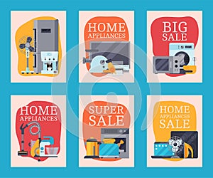 Home appliances sale cards flat illustration vector. Modern technology house machine equipment. Domestic appliance