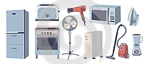 Home appliances set, consumer electronics and machines concept. Refrigerator, stove, toaster, vacuum cleaner, fan
